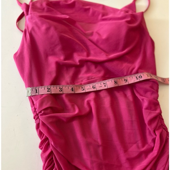 Hello Molly Hot Pink Adjustable Spaghetti Strap Mesh Overlay Ruched Mini Dress 8 - Picture 14 of 15